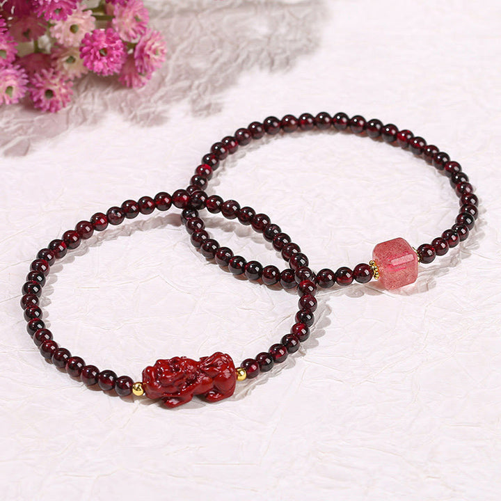 Buddha Stones Garnet Cinnabar PiXiu Strawberry Quartz Square Bead Protection Bracelet - image 15