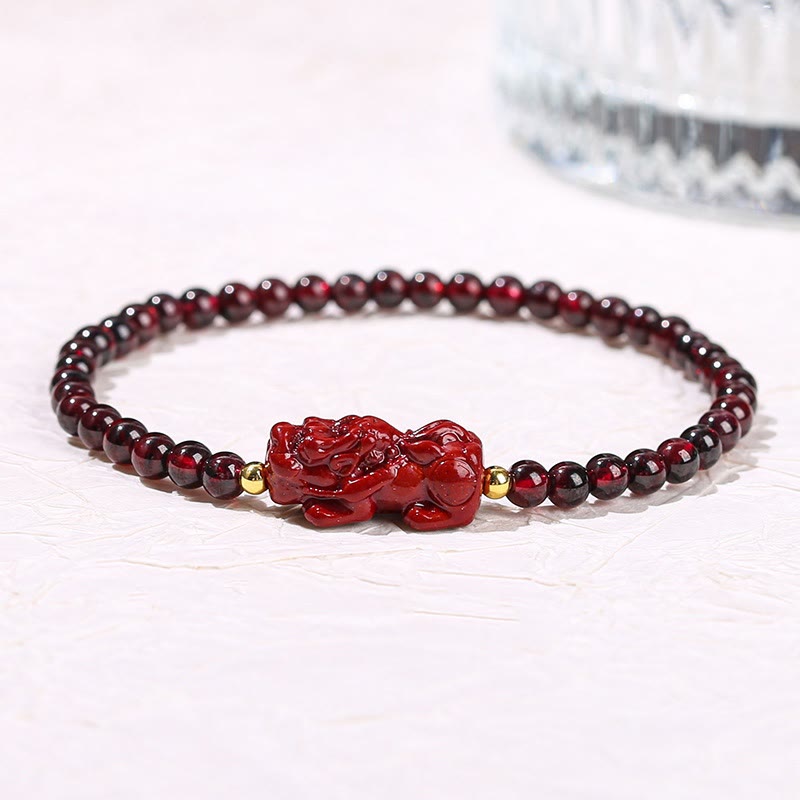 Buddha Stones Garnet Cinnabar PiXiu Strawberry Quartz Square Bead Protection Bracelet - 4mm Garnet Cinnabar Pixiu(Wrist Circumference 14-16cm) - image 0