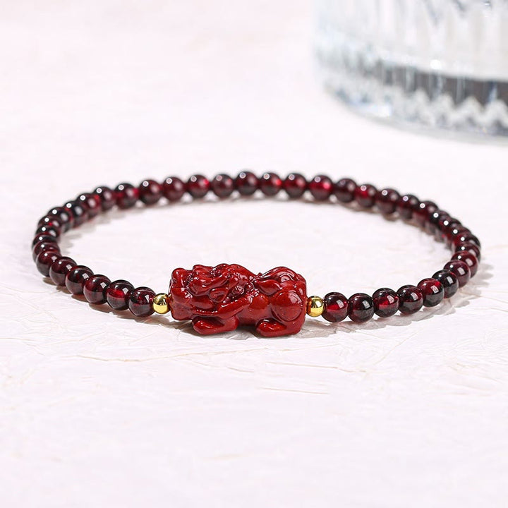 Buddha Stones Garnet Cinnabar PiXiu Strawberry Quartz Square Bead Protection Bracelet - 4mm Garnet Cinnabar Pixiu(Wrist Circumference 14-16cm) - image 0