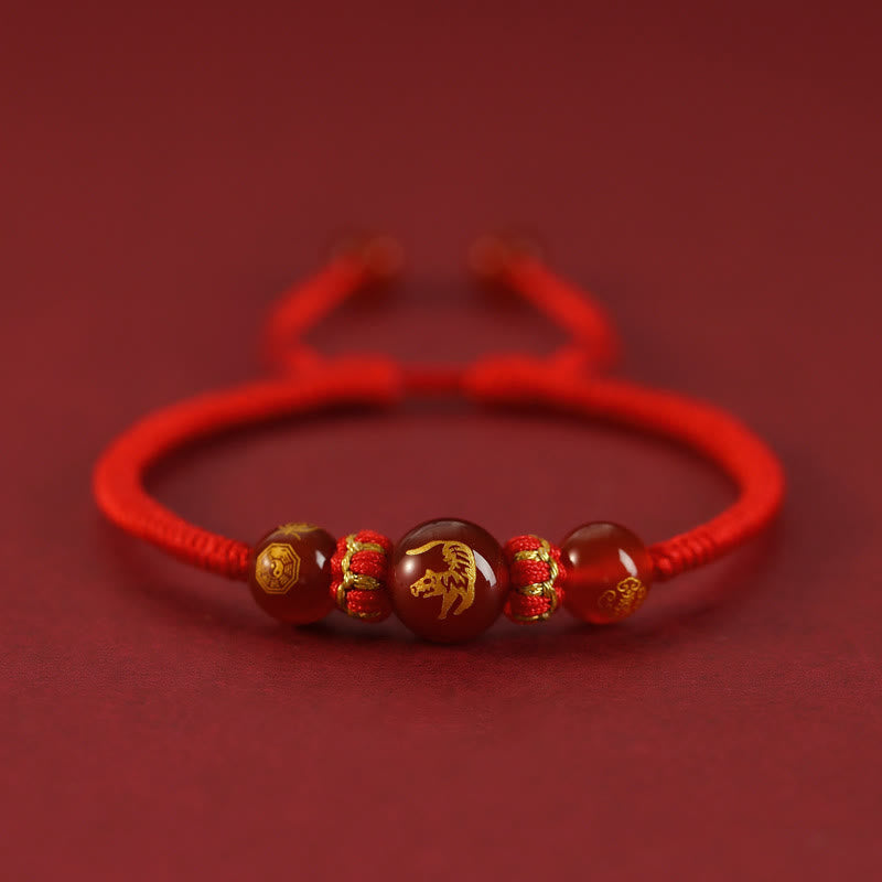 Buddha Stones Handmade Red Agate Chinese Zodiac Red String Braided Protection Bracelet - Red Agate Chinese Zodiac-Tiger - image 3