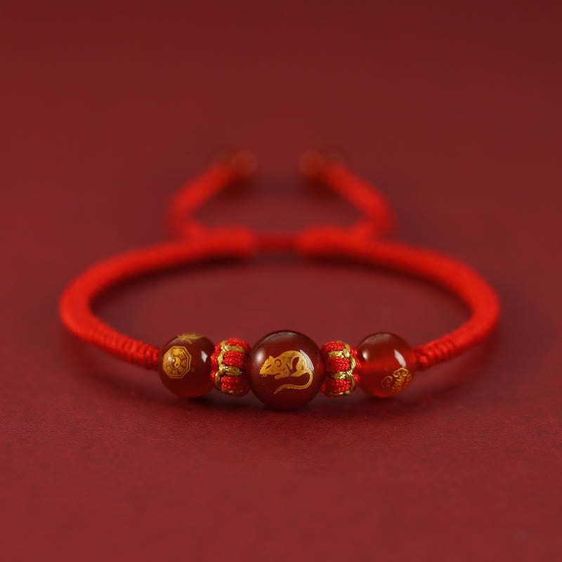 Buddha Stones Handmade Red Agate Chinese Zodiac Red String Braided Protection Bracelet - Red Agate Chinese Zodiac-Rat - image 1