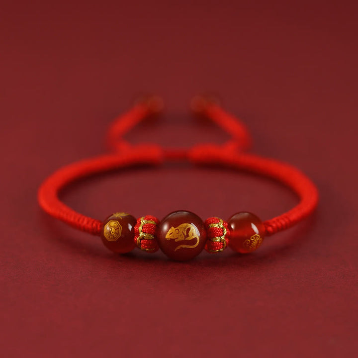 Buddha Stones Handmade Red Agate Chinese Zodiac Red String Braided Protection Bracelet - Red Agate Chinese Zodiac-Rat - image 1