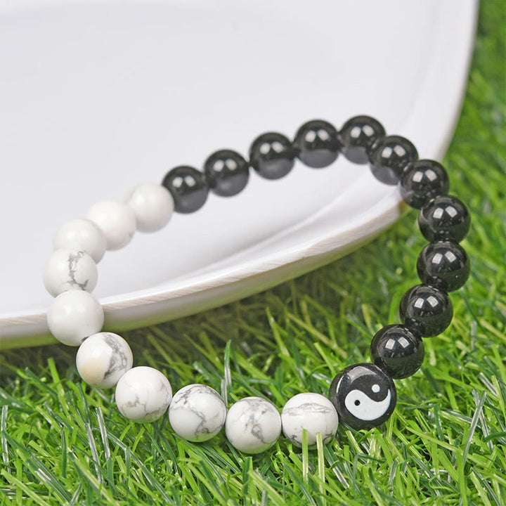 Buddha Stones Natural Obsidian White Turquoise Yinyang Tai Chi Strength Bracelet - image 6