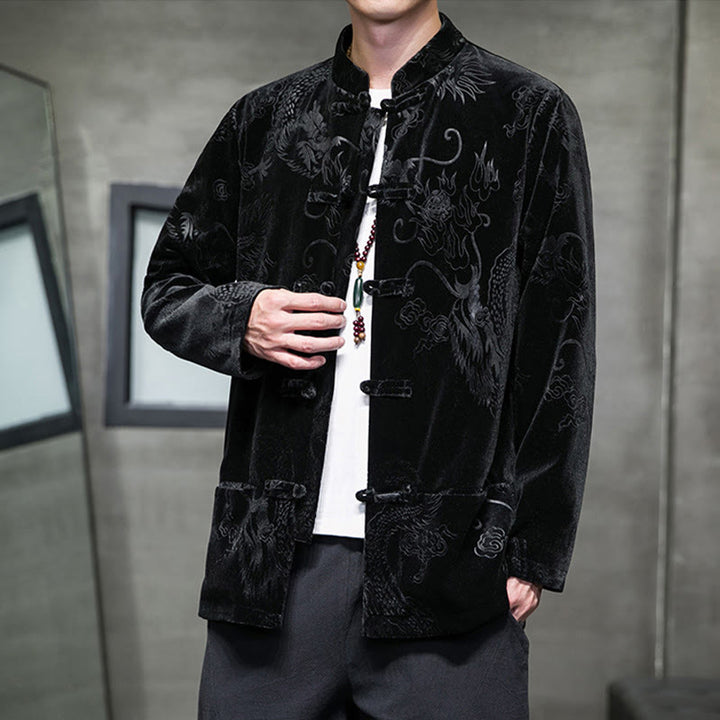 Buddha Stones Men's Frog-button Tang Suit Dragon Pattern Lisvelte Cotton Jacket Shirt With Pockets - image 16