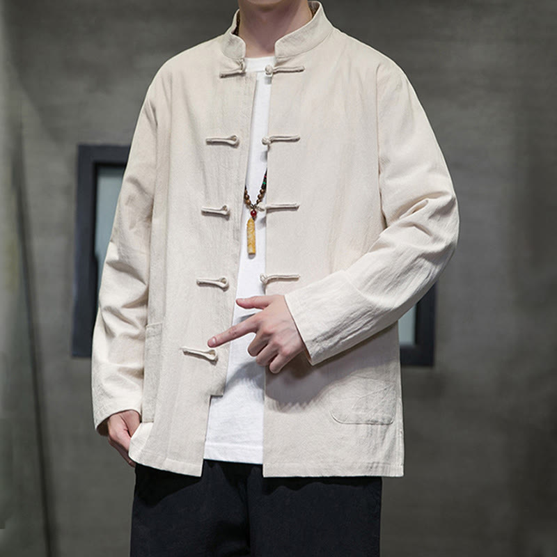 Buddha Stones Solid Color Frog-button Tang Suit Cotton Linen Men's Jacket Shirt With Pockets - image 16