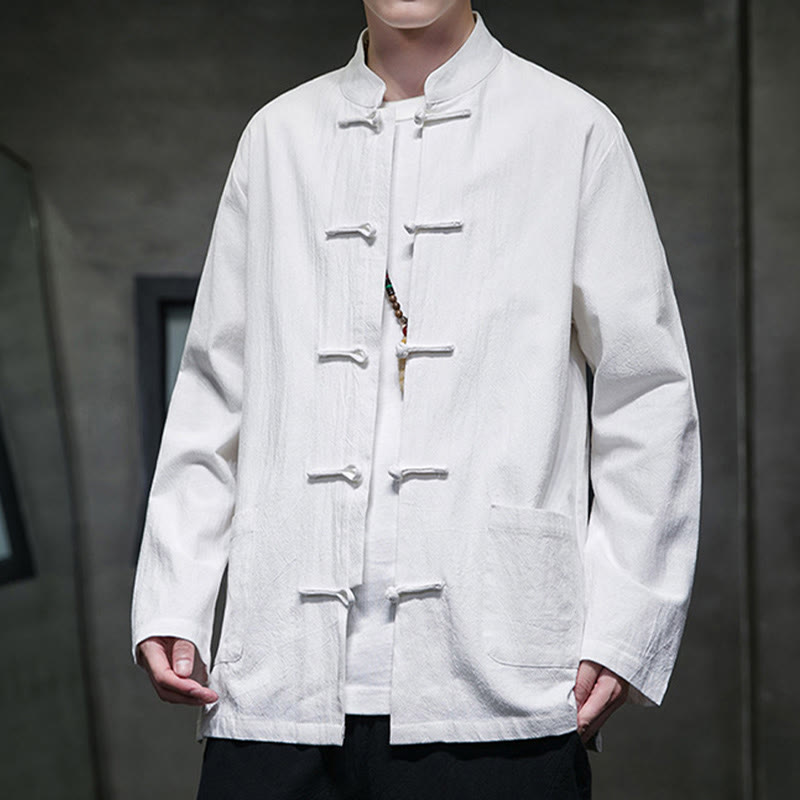 Buddha Stones Solid Color Frog-button Tang Suit Cotton Linen Men's Jacket Shirt With Pockets - image 41