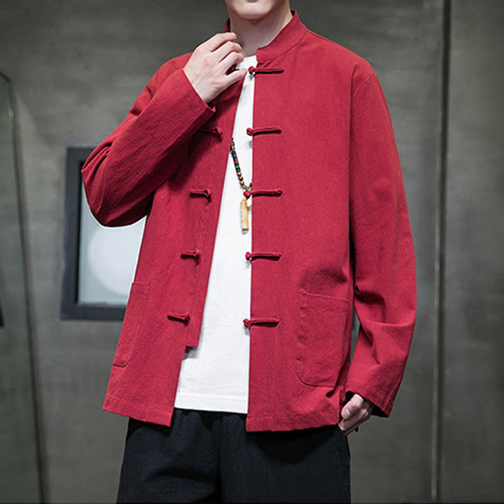 Buddha Stones Solid Color Frog-button Tang Suit Cotton Linen Men's Jacket Shirt With Pockets - image 37