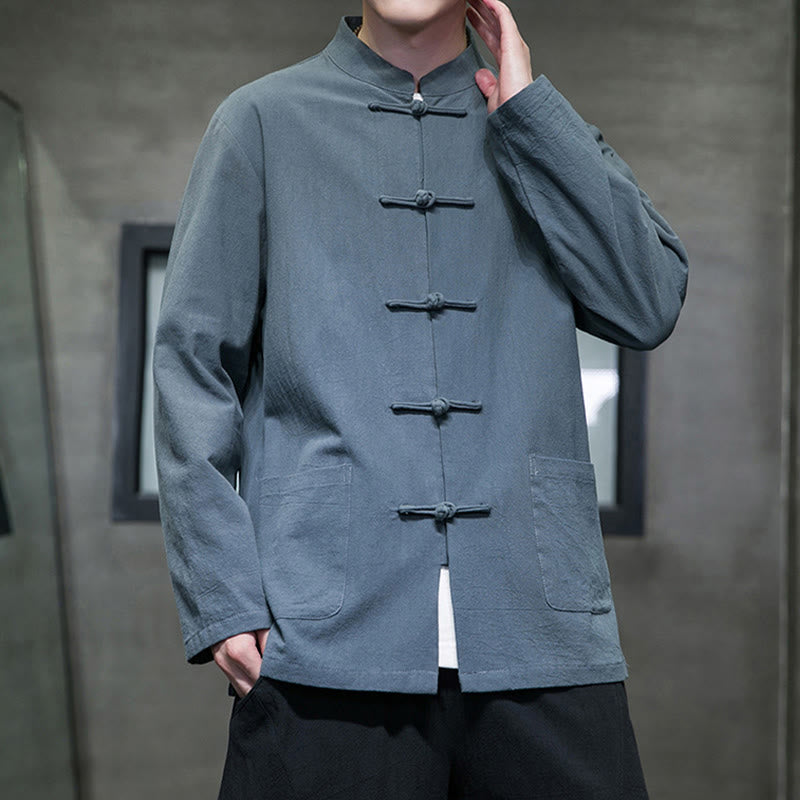 Buddha Stones Solid Color Frog-button Tang Suit Cotton Linen Men's Jacket Shirt With Pockets - image 6