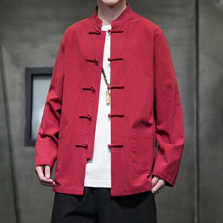 Buddha Stones Solid Color Frog-button Tang Suit Cotton Linen Men's Jacket Shirt With Pockets - image 35