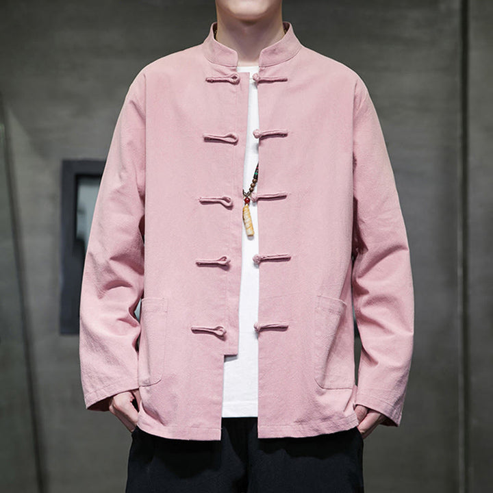 Buddha Stones Solid Color Frog-button Tang Suit Cotton Linen Men's Jacket Shirt With Pockets - LightPink - US/UK/AU46，EU56 (5XL) - image 25