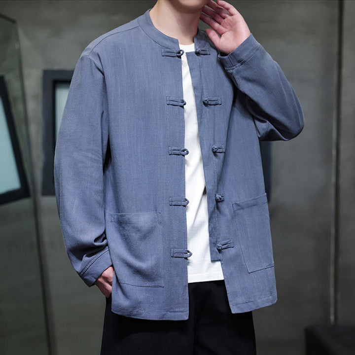 Buddha Stones Casual Plain Color Frog-button Linen Men's Jacket Shirt With Pockets - image 3