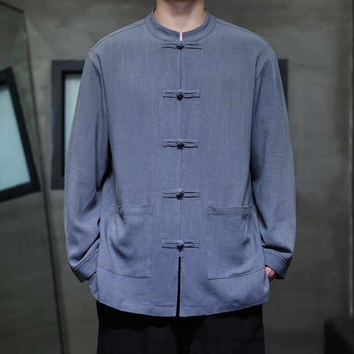 Buddha Stones Casual Plain Color Frog-button Linen Men's Jacket Shirt With Pockets - RoyalBlue - US/UK/AU46，EU56 (5XL) - image 0