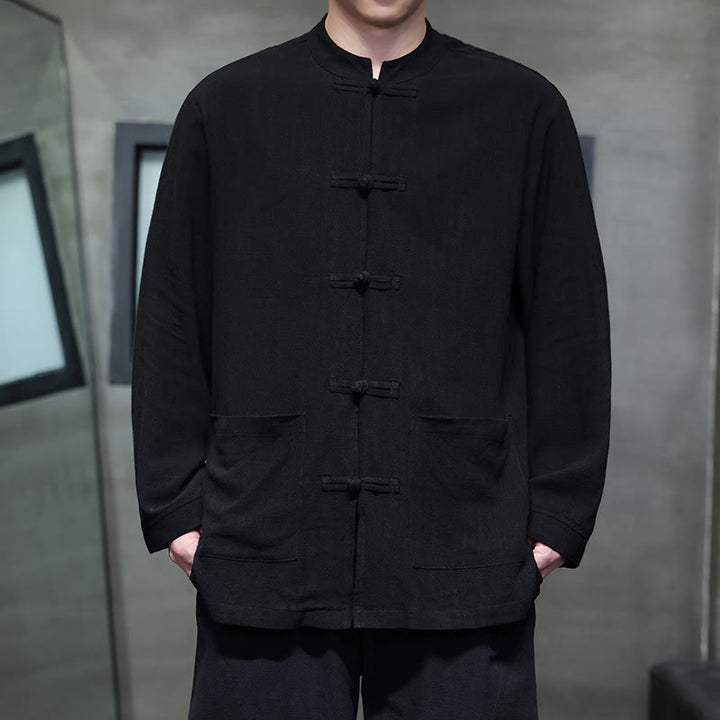 Buddha Stones Casual Plain Color Frog-button Linen Men's Jacket Shirt With Pockets - Black - US/UK/AU46，EU56 (5XL) - image 8