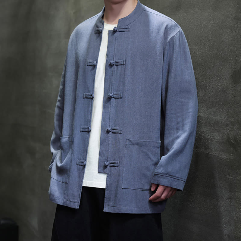 Buddha Stones Casual Plain Color Frog-button Linen Men's Jacket Shirt With Pockets - image 2