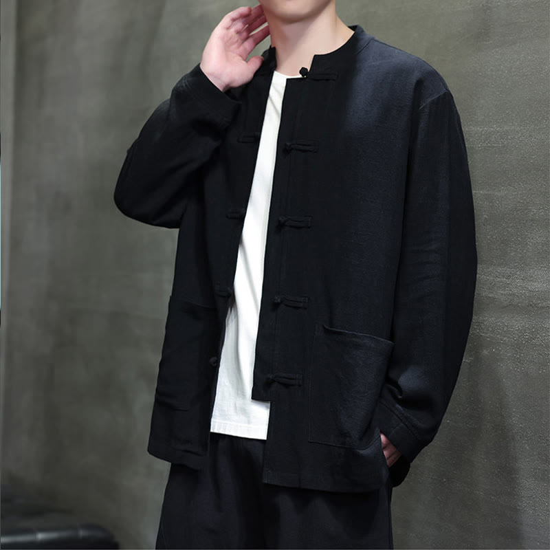 Buddha Stones Casual Plain Color Frog-button Linen Men's Jacket Shirt With Pockets - image 13