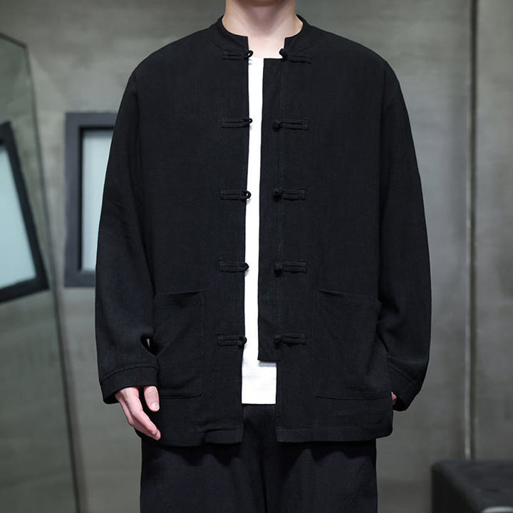 Buddha Stones Casual Plain Color Frog-button Linen Men's Jacket Shirt With Pockets - image 10