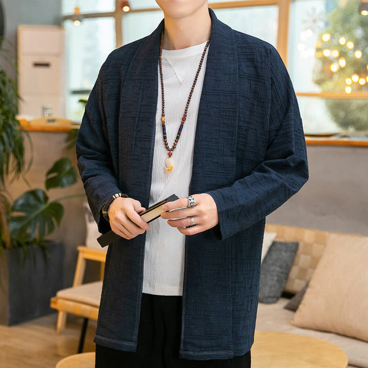 Buddha Stones Fall Simple Loose Plain Linen Blend Men's Mid-length Coat Clothing - Navy - US/UK/AU42，EU52 (3XL) - image 16