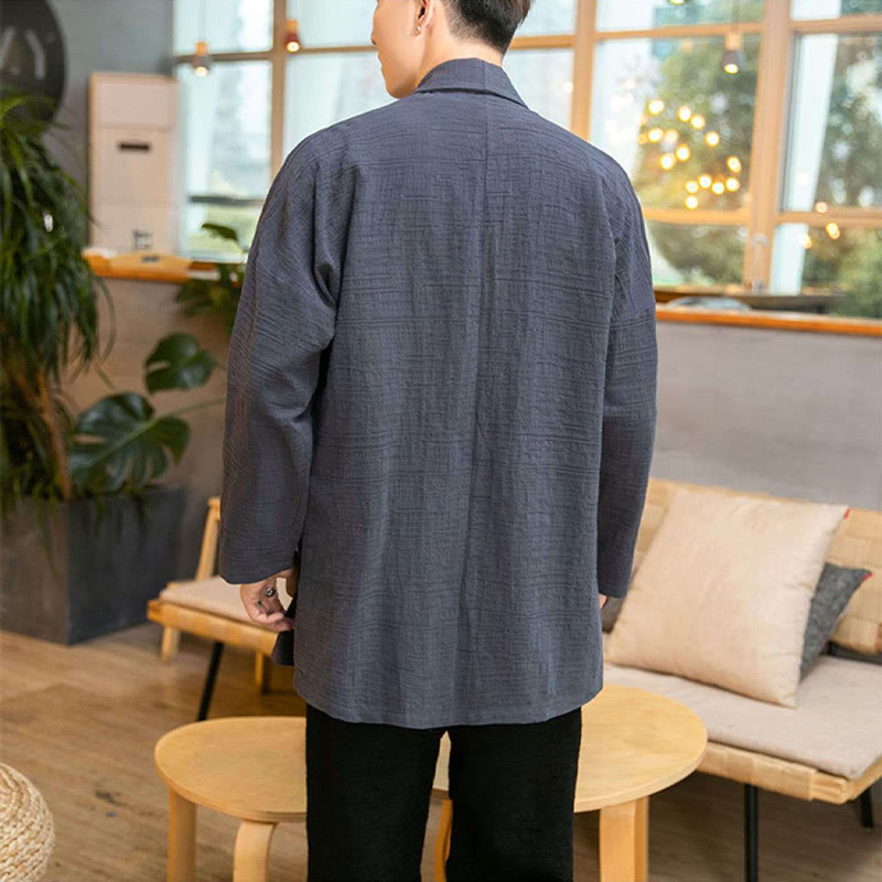 Buddha Stones Fall Simple Loose Plain Linen Blend Men's Mid-length Coat Clothing - image 4