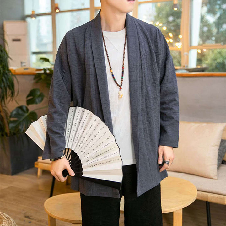 Buddha Stones Fall Simple Loose Plain Linen Blend Men's Mid-length Coat Clothing - image 2