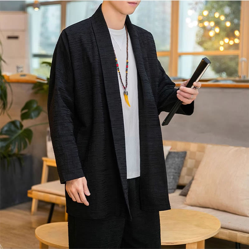 Buddha Stones Fall Simple Loose Plain Linen Blend Men's Mid-length Coat Clothing - image 6