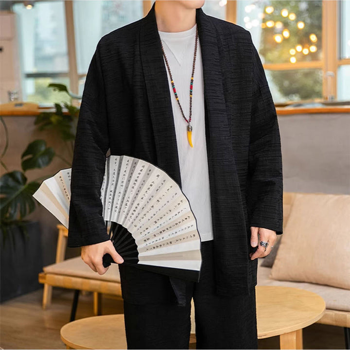 Buddha Stones Fall Simple Loose Plain Linen Blend Men's Mid-length Coat Clothing - image 8
