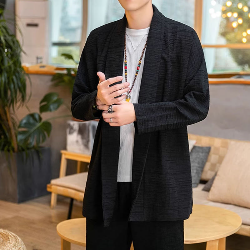 Buddha Stones Fall Simple Loose Plain Linen Blend Men's Mid-length Coat Clothing - image 9