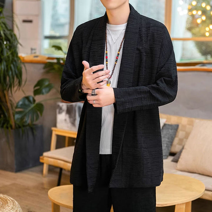 Buddha Stones Fall Simple Loose Plain Linen Blend Men's Mid-length Coat Clothing - image 9