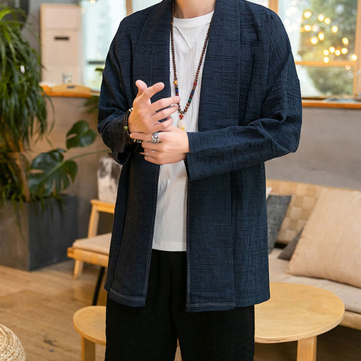 Buddha Stones Fall Simple Loose Plain Linen Blend Men's Mid-length Coat Clothing - image 19