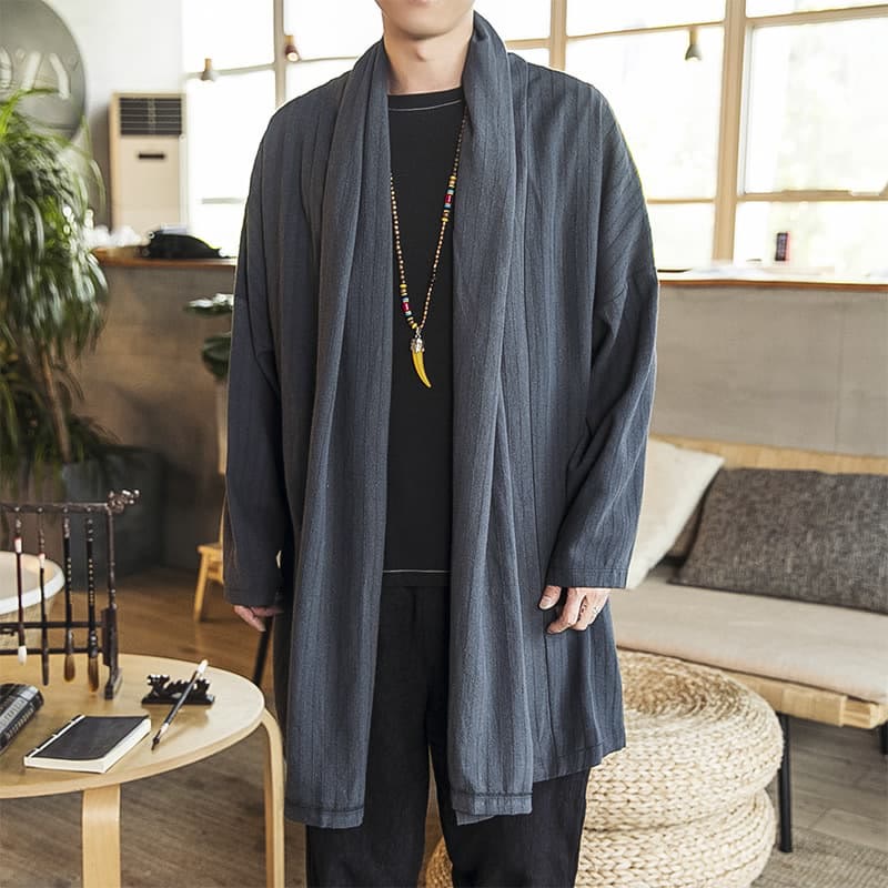 Buddha Stones Fall Simple Casual Loose Plain Linen Blend Men's Mid-length Coat Clothing - LightSlateGray - US/UK/AU42，EU52 (3XL) - image 0