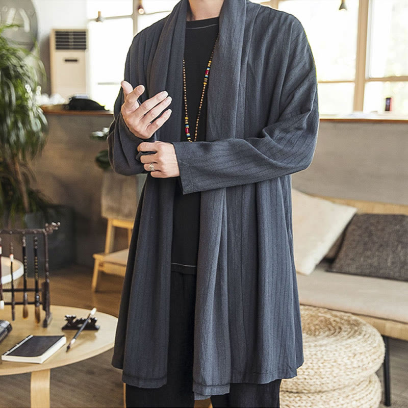 Buddha Stones Fall Simple Casual Loose Plain Linen Blend Men's Mid-length Coat Clothing - image 1