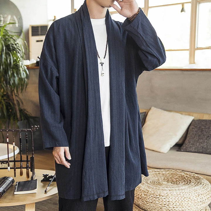 Buddha Stones Fall Simple Casual Loose Plain Linen Blend Men's Mid-length Coat Clothing - image 20