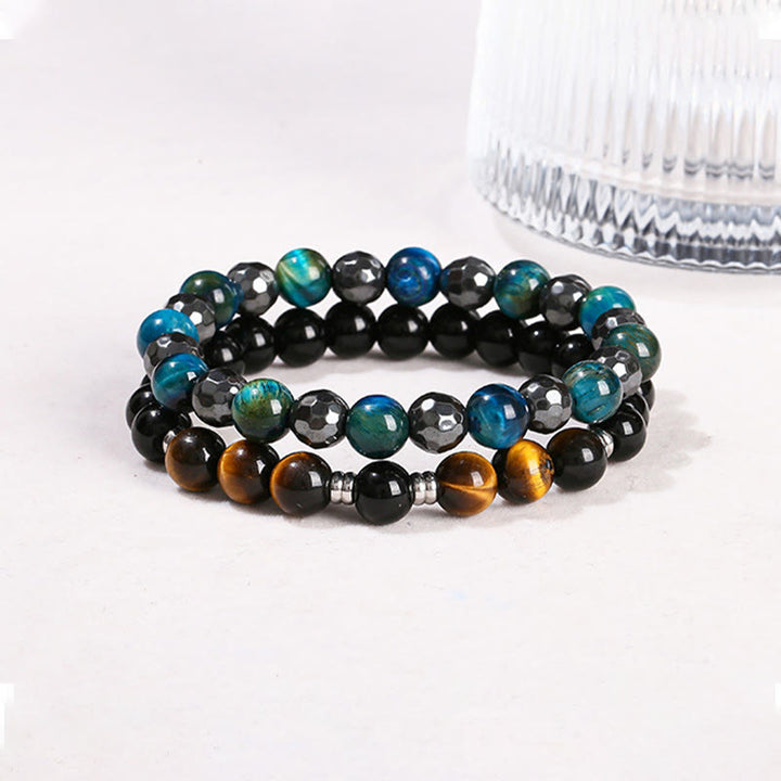 Buddha Stones 2Pcs Hematite Tiger Eye Blue Tiger Eye Powerful Bracelet Set - image 2