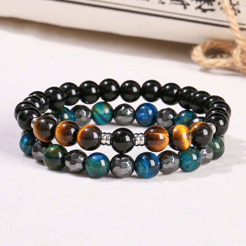 Buddha Stones 2Pcs Hematite Tiger Eye Blue Tiger Eye Powerful Bracelet Set - image 1