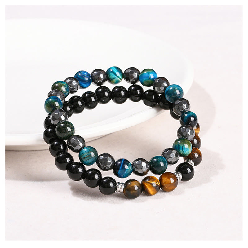 Buddha Stones 2Pcs Hematite Tiger Eye Blue Tiger Eye Powerful Bracelet Set - image 12