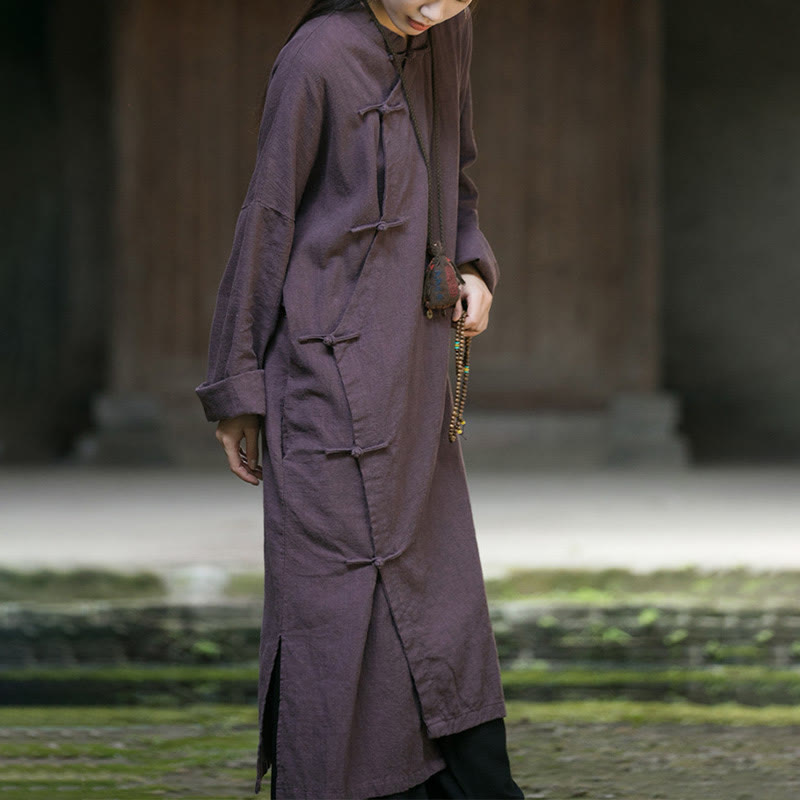 Buddha Stones Solid Color Frog-Button Long Sleeve Ramie Linen Cotton Midi Dress With Pockets - image 20