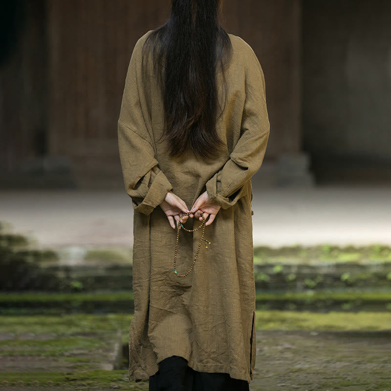 Buddha Stones Solid Color Frog-Button Long Sleeve Ramie Linen Cotton Midi Dress With Pockets - image 4