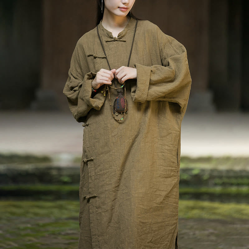 Buddha Stones Solid Color Frog-Button Long Sleeve Ramie Linen Cotton Midi Dress With Pockets - image 12