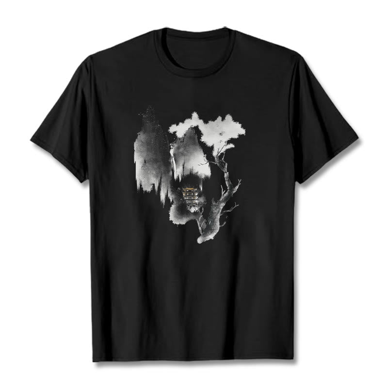 Buddha Stones Pavilion Tree Geese Around The Mountains Pattern Tee T-shirt - Black - 2XL - image 5
