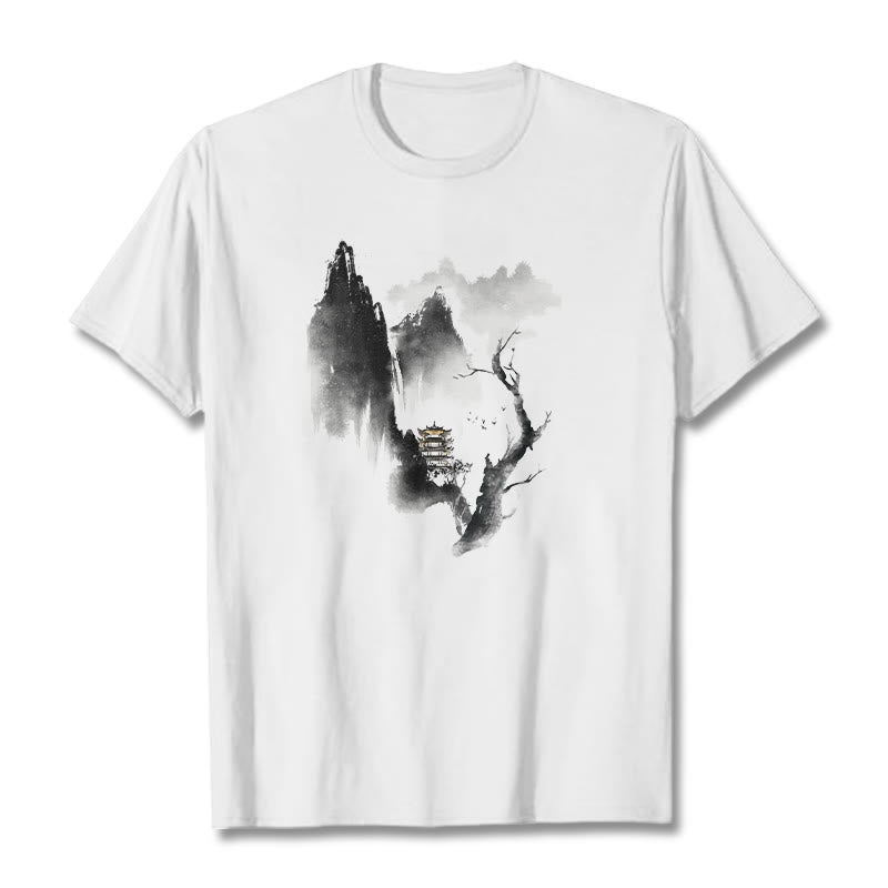 Buddha Stones Pavilion Tree Geese Around The Mountains Pattern Tee T-shirt - White - 2XL - image 2