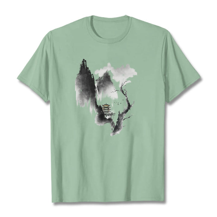Buddha Stones Pavilion Tree Geese Around The Mountains Pattern Tee T-shirt - PaleGreen - 2XL - image 15
