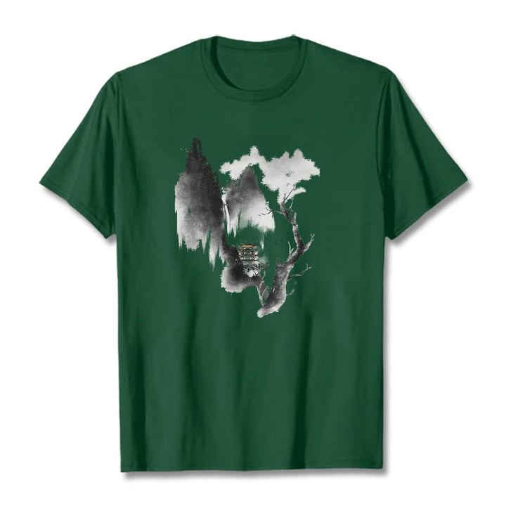 Buddha Stones Pavilion Tree Geese Around The Mountains Pattern Tee T-shirt - ForestGreen - 2XL - image 11
