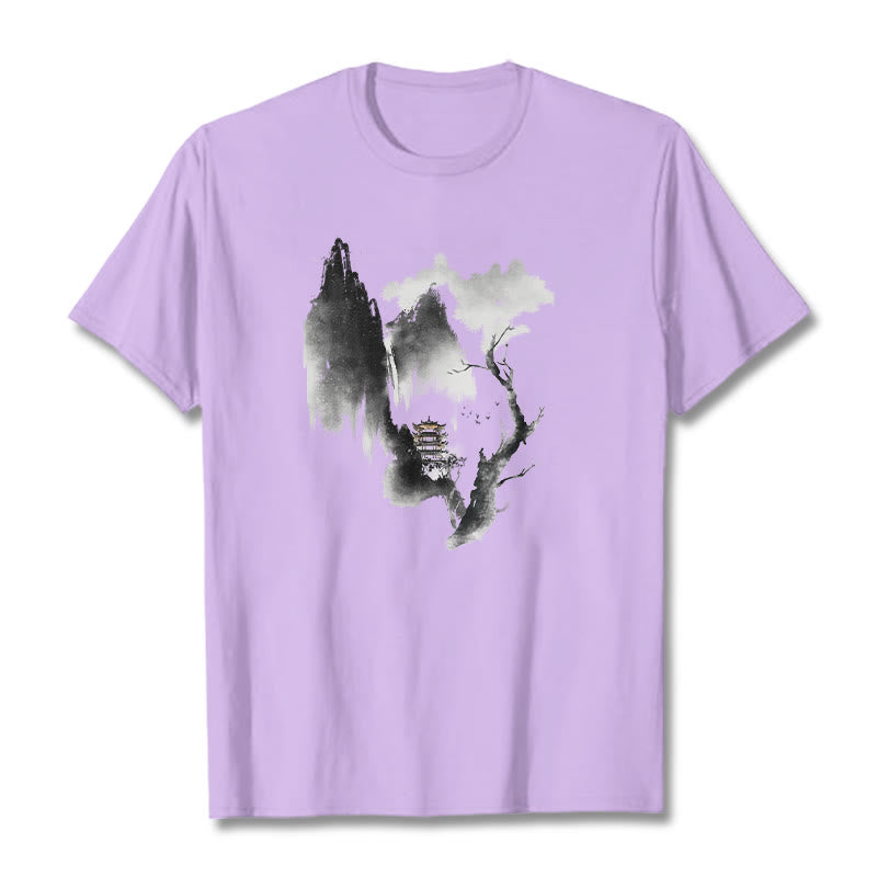 Buddha Stones Pavilion Tree Geese Around The Mountains Pattern Tee T-shirt - Plum - 2XL - image 17