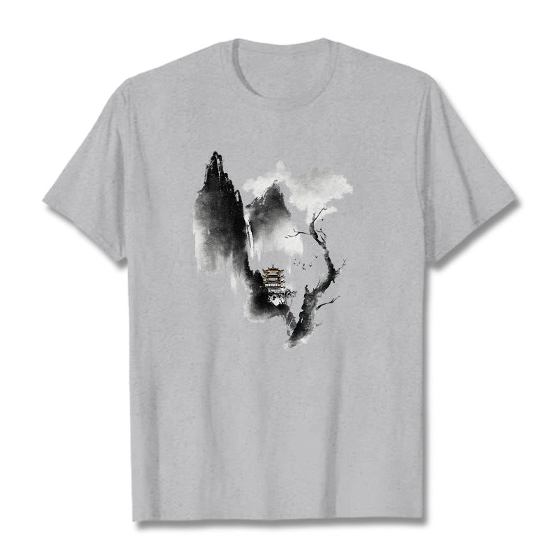 Buddha Stones Pavilion Tree Geese Around The Mountains Pattern Tee T-shirt - LightGrey - 2XL - image 0
