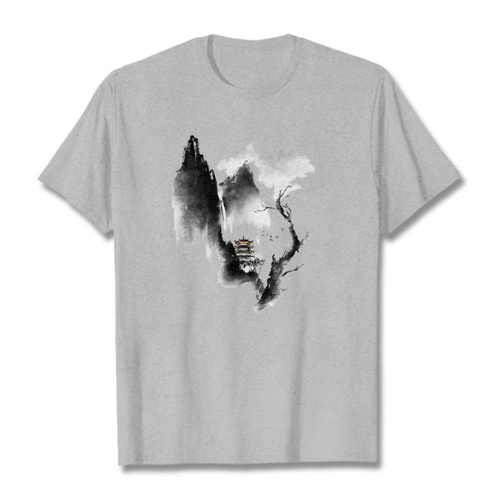Buddha Stones Pavilion Tree Geese Around The Mountains Pattern Tee T-shirt - LightGrey - 2XL - image 0