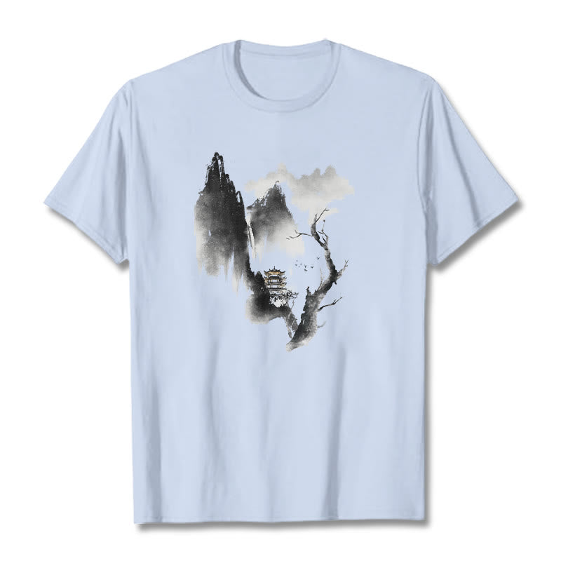 Buddha Stones Pavilion Tree Geese Around The Mountains Pattern Tee T-shirt - LightCyan - 2XL - image 19