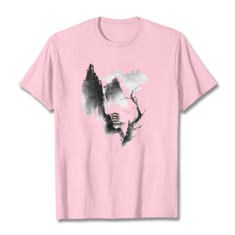 Buddha Stones Pavilion Tree Geese Around The Mountains Pattern Tee T-shirt - LightPink - 2XL - image 13
