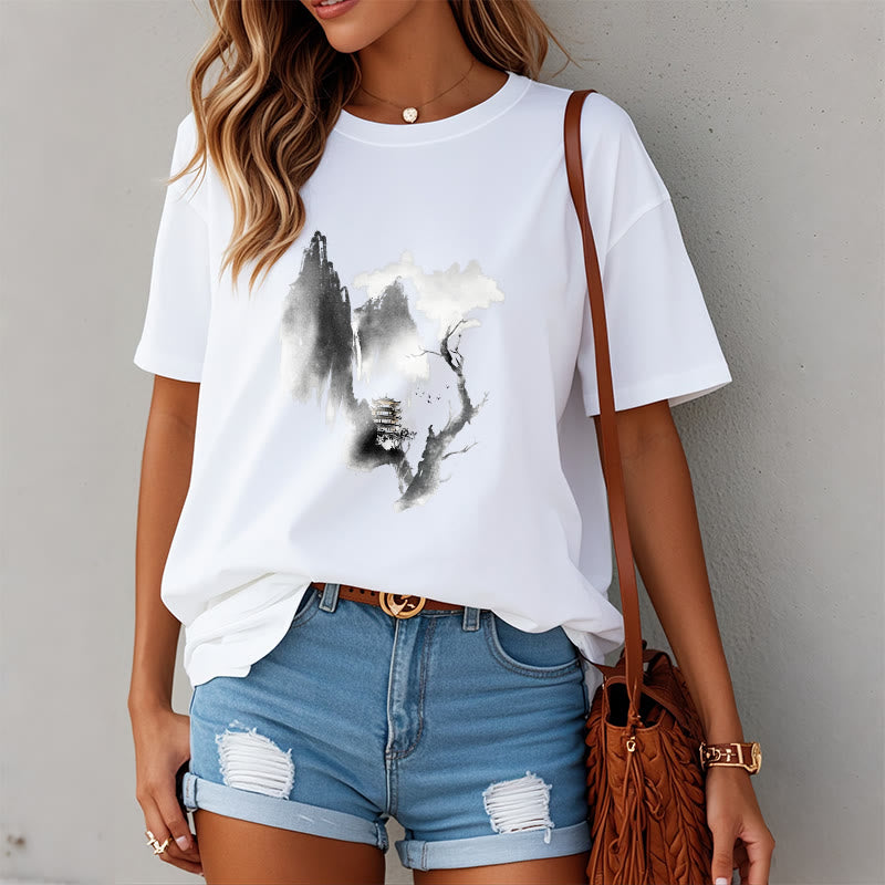 Buddha Stones Pavilion Tree Geese Around The Mountains Pattern Tee T-shirt - image 4