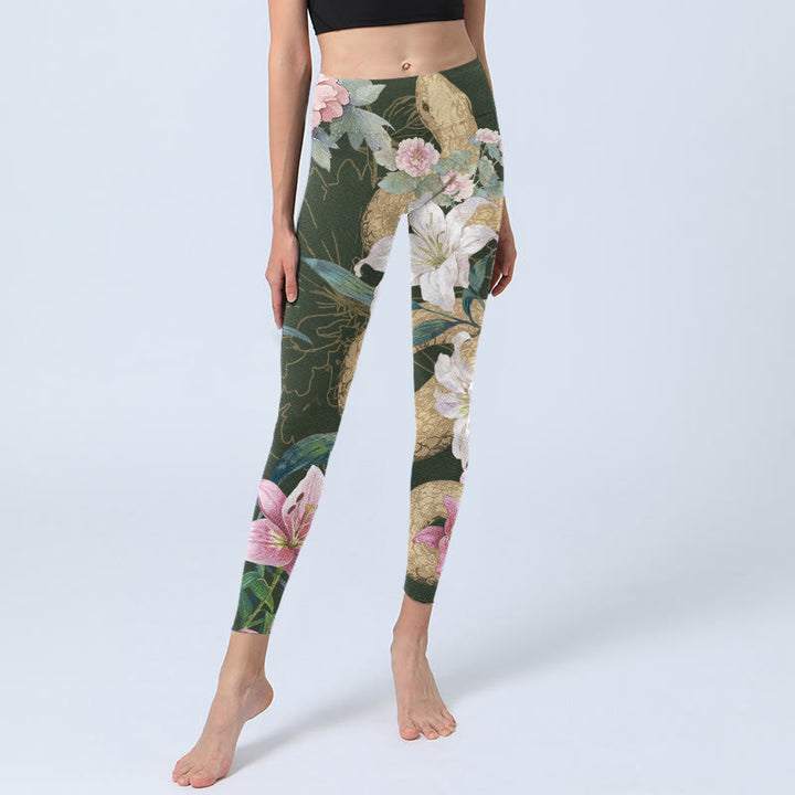 Buddha Stones Green Golden Snake Lily Peony Flowers Print Gym Leggings Women's Yoga Pants - image 5