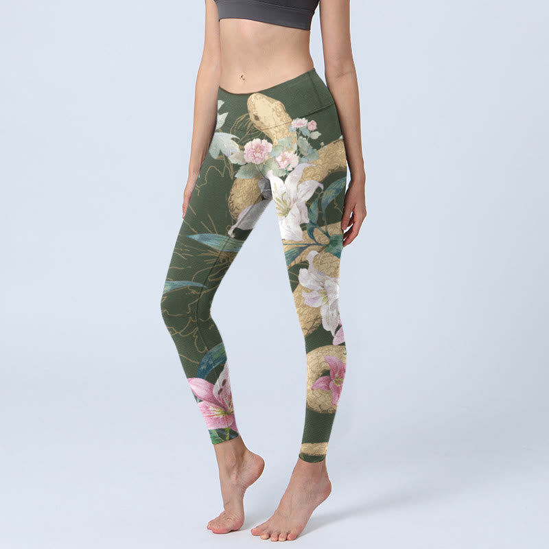 Buddha Stones Green Golden Snake Lily Peony Flowers Print Gym Leggings Women's Yoga Pants - DarkOliveGreen - US18，UK/AU22，EU50 (4XL) - image 0