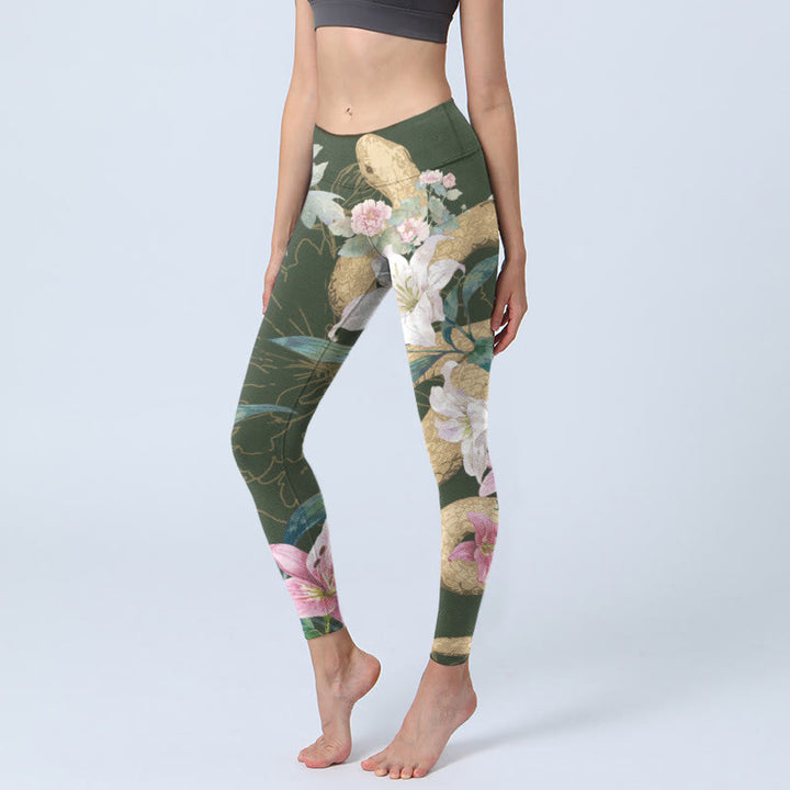 Buddha Stones Green Golden Snake Lily Peony Flowers Print Gym Leggings Women's Yoga Pants - DarkOliveGreen - US18，UK/AU22，EU50 (4XL) - image 0